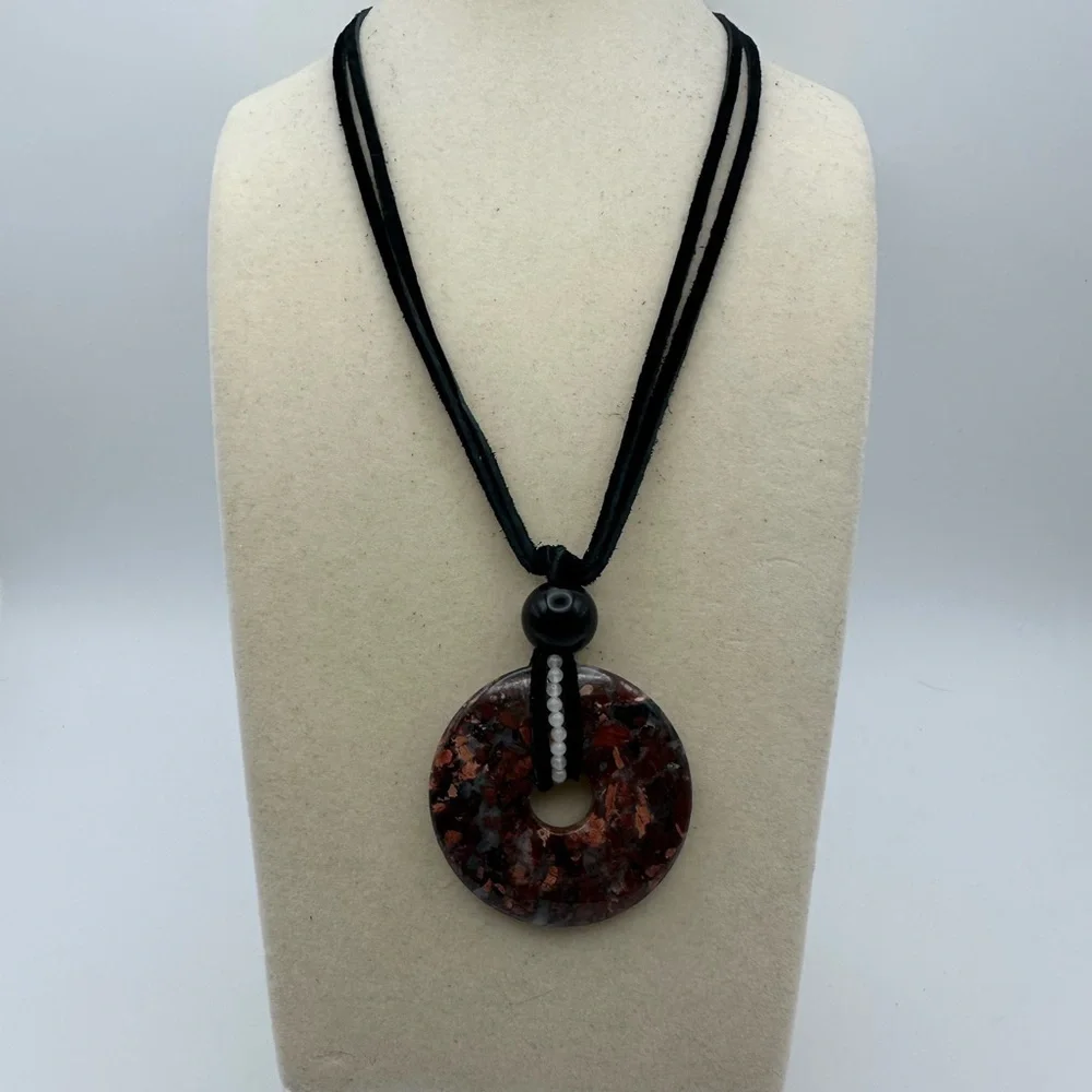Mexican Crazy Lace Agate Donut Pendant on Genuine Leather